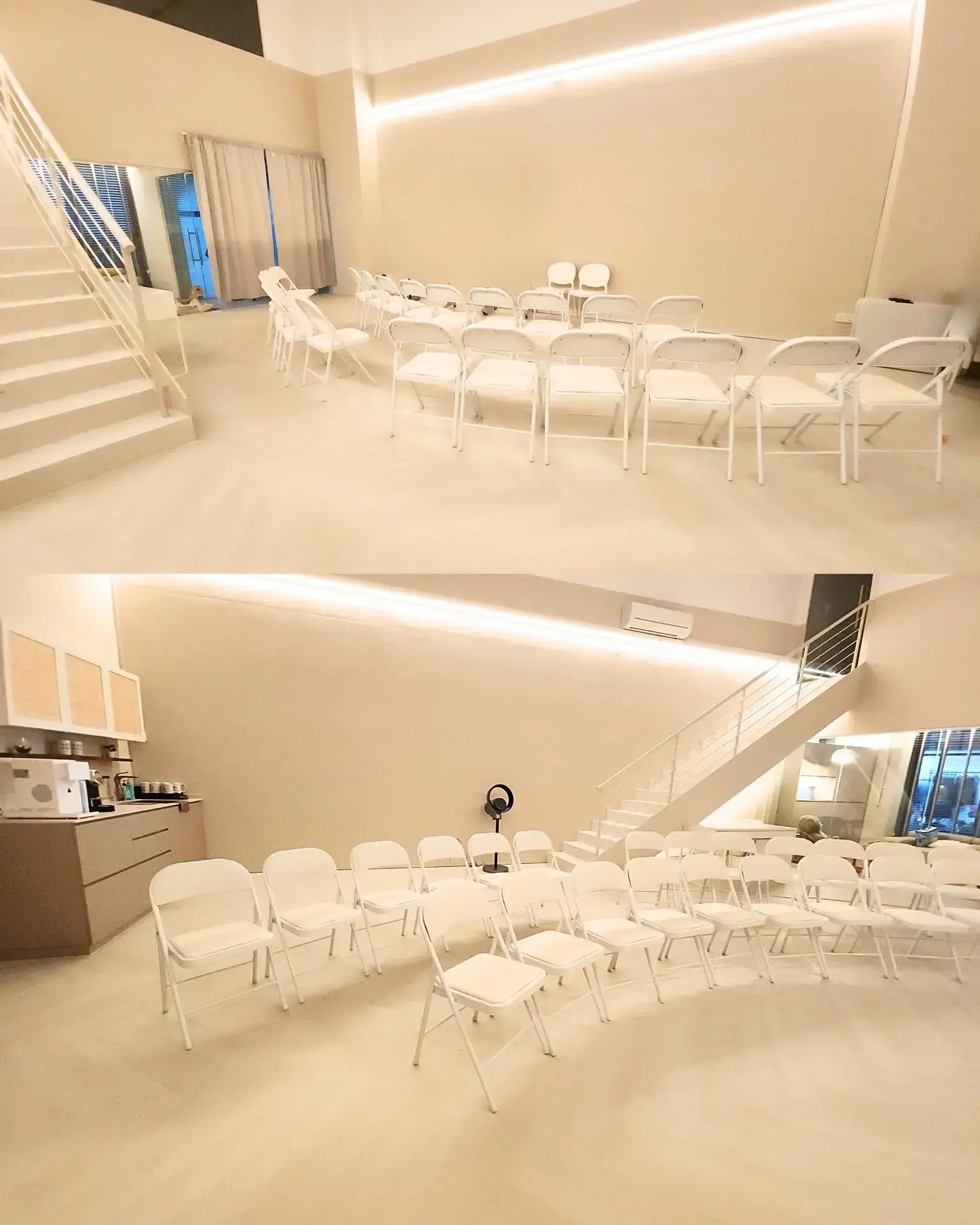 The view down from the loft over the seating and the pantry